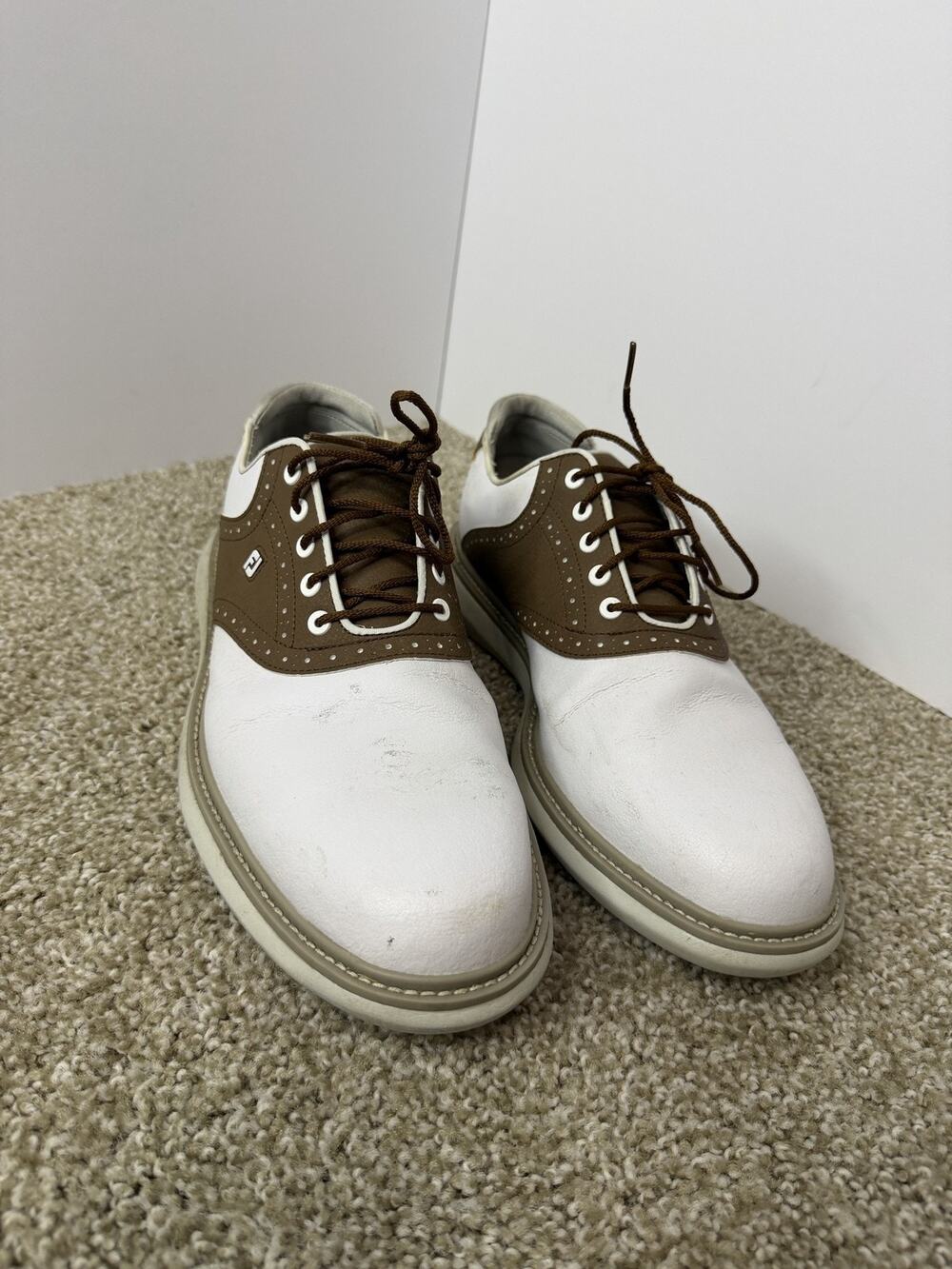 FootJoy Traditional Golf Shoes Mens Size 11.5 M White Brown Leather Spiked 57905